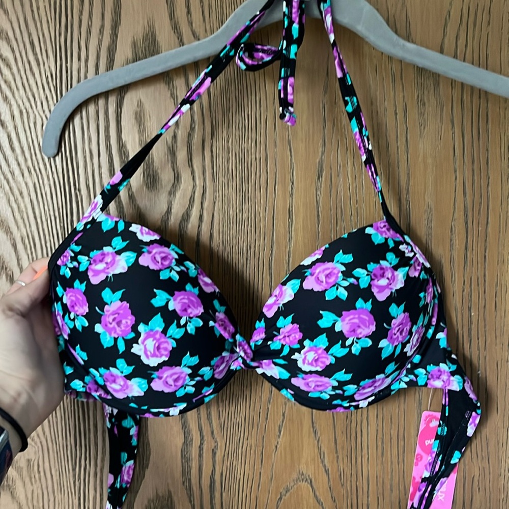 Black and purple floral bikini top